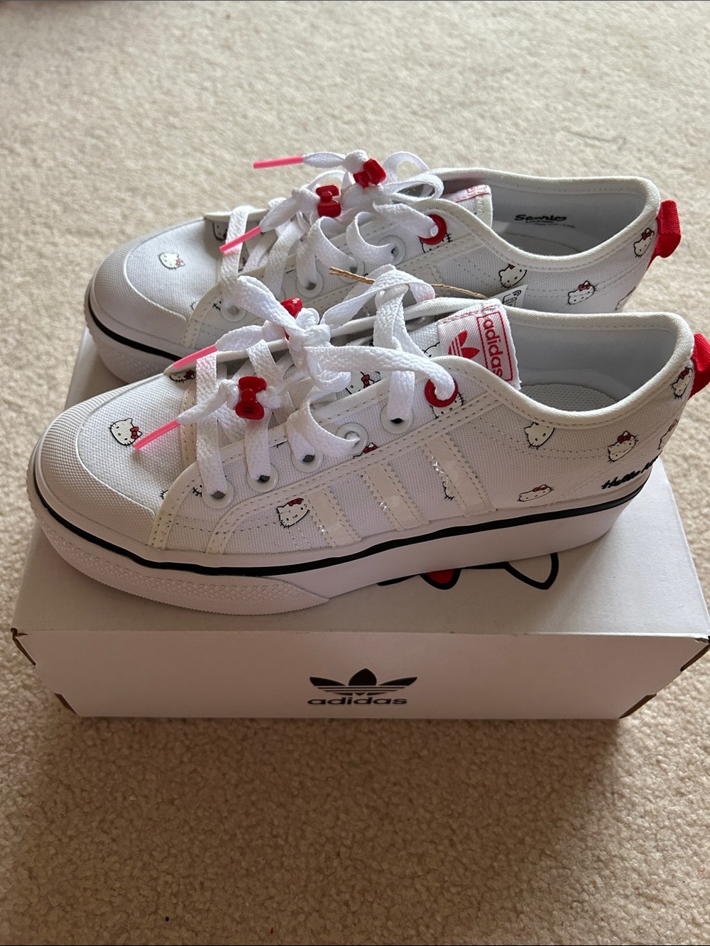 adidas Kids White Sneakers with Red Accents and Hello Kitty Print
